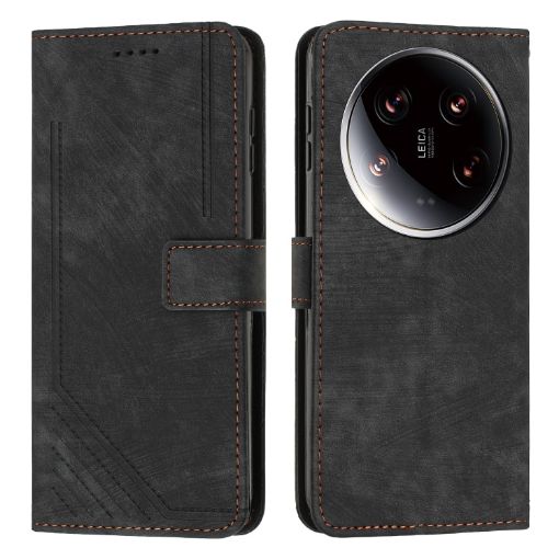 Xiaomi 14 Ultra Black Leather Phone Case with Lanyard - Stripe Pattern - 1