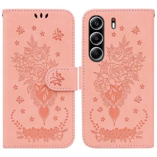 Tecno Camon 40 Pro 4G Pink Butterfly Rose Embossed Leather Case - 1