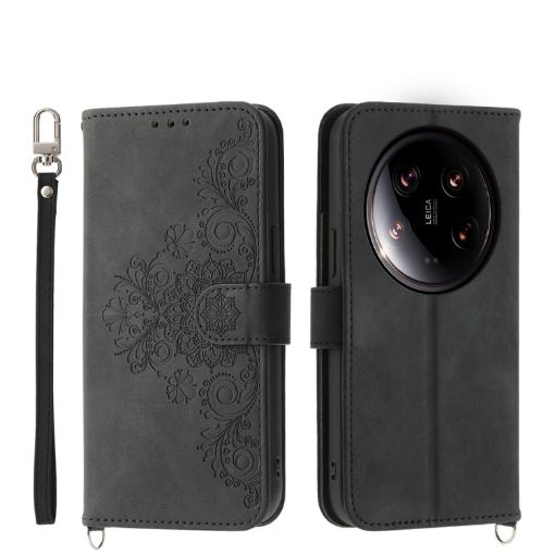 Xiaomi 14 Ultra Black Embossed Flowers Wallet Leather Phone Case - 1