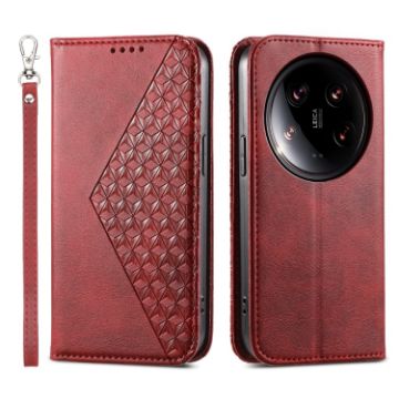 Xiaomi 14 Ultra Red Magnetic Leather Phone Case - Cubic Grid Calf Texture - 1