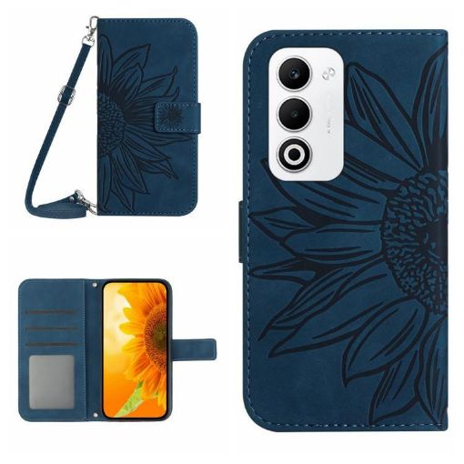 OPPO A5 5G Sun Flower Embossed Flip Leather Case with Lanyard Blue - 1