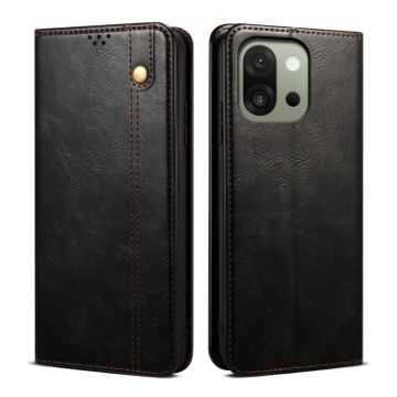 OnePlus 13s 5G Black Leather Phone Case - Oil Wax Crazy Horse Texture - 1