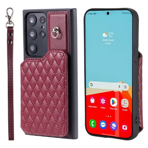 Samsung Galaxy S23 Ultra 5G Red Grid Texture Card Bag Case with Lanyard - 1
