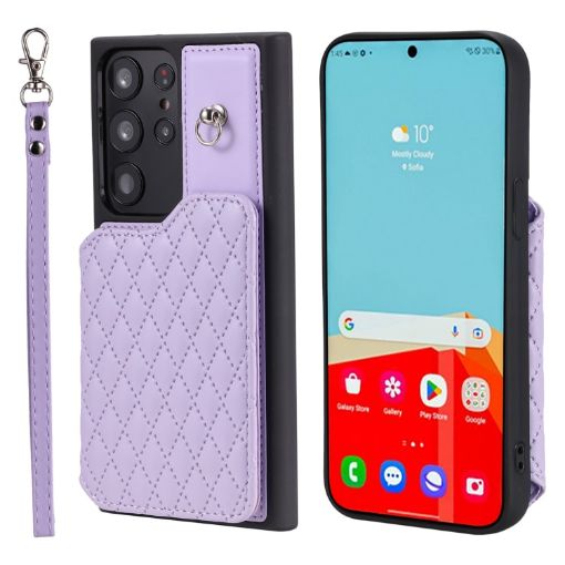 Samsung Galaxy S23 Ultra 5G Purple Grid Texture Case with Lanyard - 1