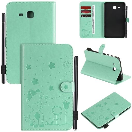 Samsung Galaxy Tab A7.0 T280 Green Cat Bee Embossed Leather Case - 1