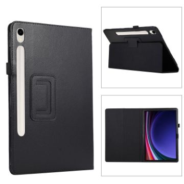 Samsung Galaxy Tab S9 Litchi Texture Leather Case with Holder - Black - 1