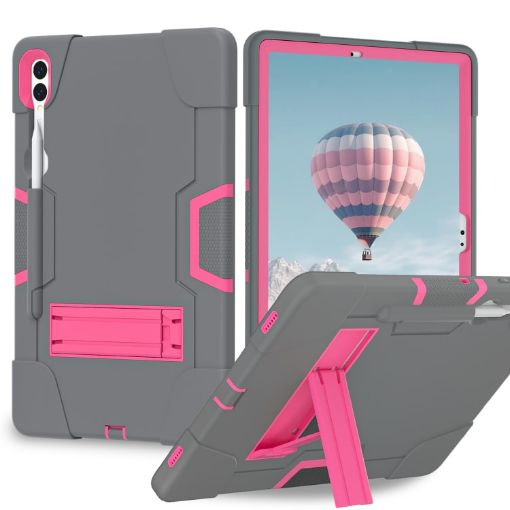 Samsung Galaxy Tab S9+ Silicone PC Case with Holder - Grey/Rose Red - 1