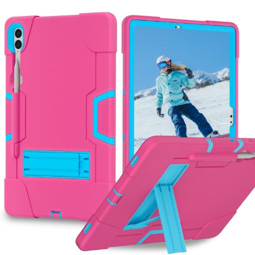 Samsung Galaxy Tab S9+ Silicone PC Case with Holder - Rose Red/Blue - 1