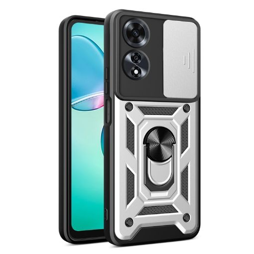 OPPO A60 4G Phone Case with Sliding Camera Cover - Silver TPU Hybrid PC - 1