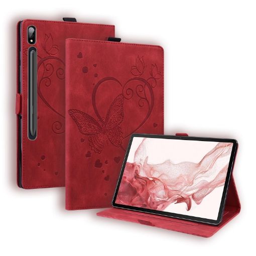 Samsung Galaxy Tab S9 FE Red Love Butterfly Embossed Leather Case - 1