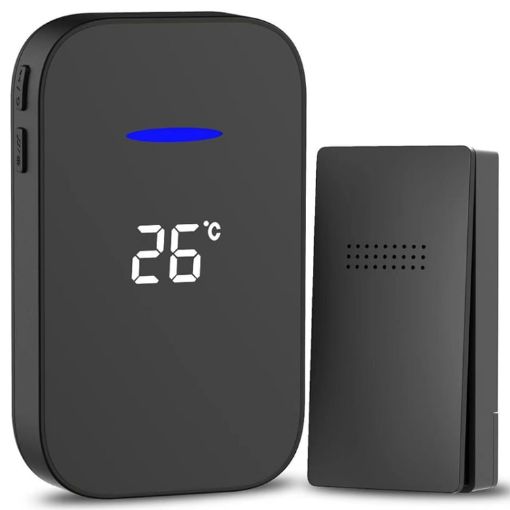 Wireless Doorbell with Temperature Display & Elderly Pager, EU Plug, Black - 1
