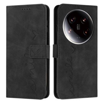 Xiaomi 14 Ultra Heart Embossed Leather Case with Lanyard - Black - 1