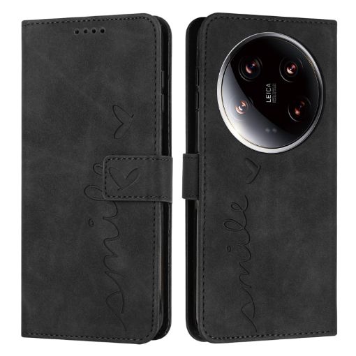 Xiaomi 14 Ultra Heart Embossed Leather Case with Lanyard - Black - 1