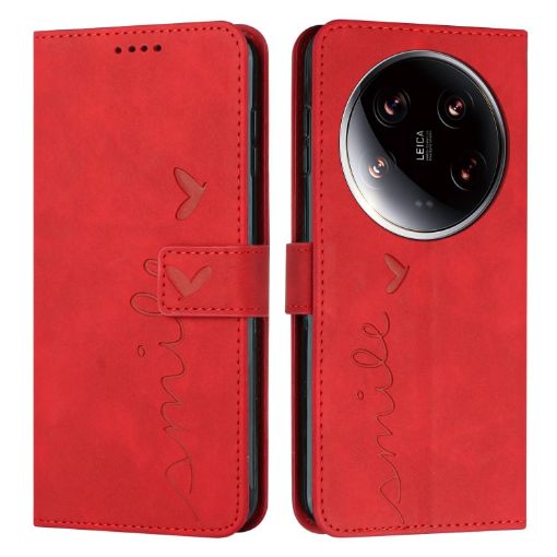 Xiaomi 14 Ultra Red Leather Phone Case with Heart Emboss & Lanyard - 1