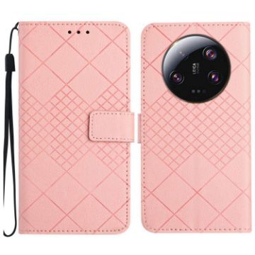 Xiaomi 14 Ultra Pink Leather Phone Case - Rhombic Grid Texture - 1