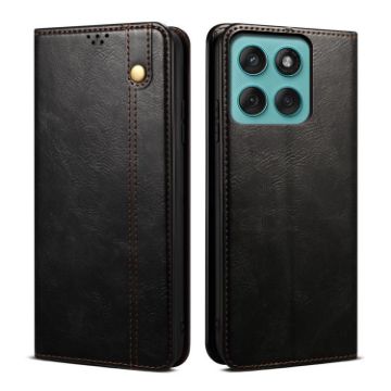 Motorola Edge 60 Leather Phone Case - Oil Wax Crazy Horse Texture (Black) - 1