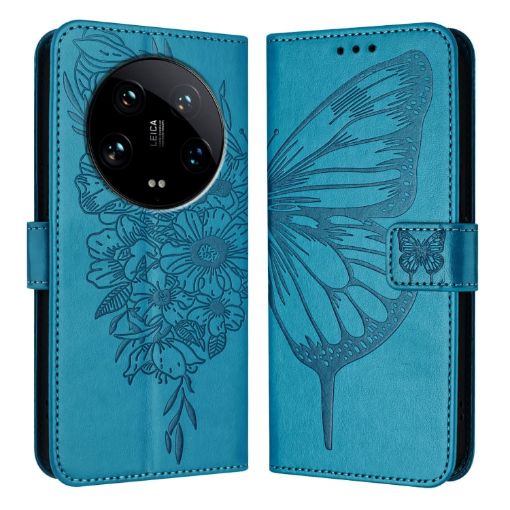 Xiaomi 14 Ultra 5G Blue Embossed Butterfly Leather Phone Case Global - 1
