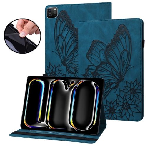 iPad Pro 13 2024 Blue Butterfly Embossed Leather Tablet Case - 1