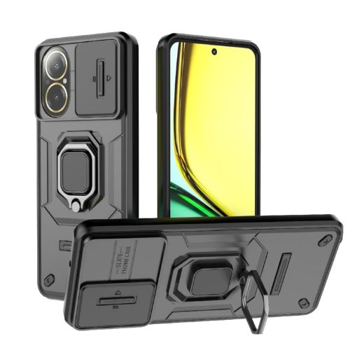 Realme C67 4G Shockproof Phone Case with Holder - Black Camshield TPU+PC - 1