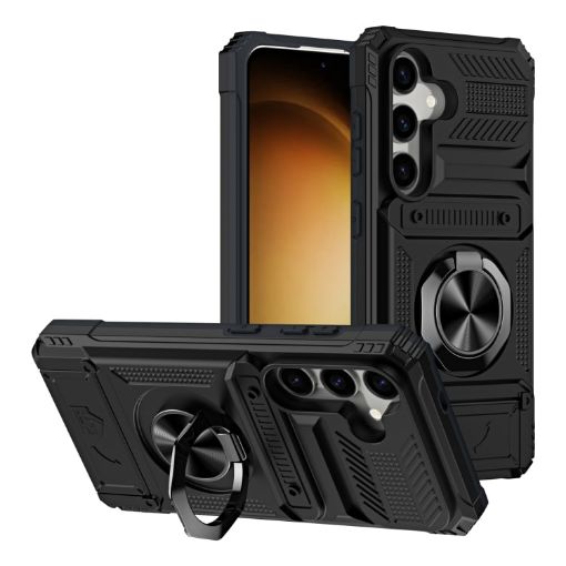 Samsung Galaxy A25 5G Shockproof Card Case with Ring Holder - Black - 1