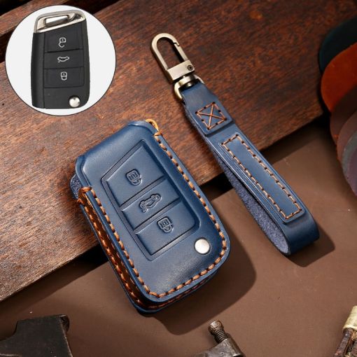 Volkswagen Lavida B Style Blue Cowhide Leather Key Cover Case - 1