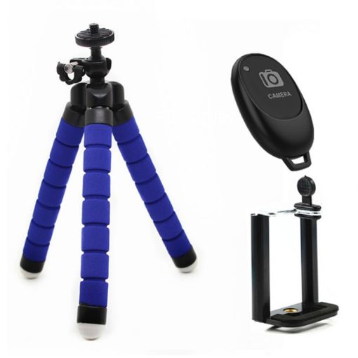 Blue Mini Octopus Flexible Foam Tripod with Phone Clamp & Remote Control - 1