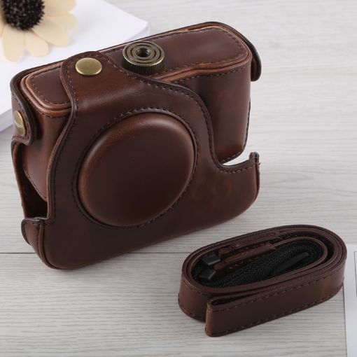 Canon G16 Full Body Camera PU Leather Case Bag with Strap - Coffee - 1