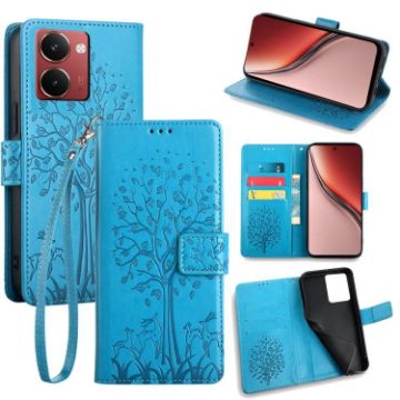 Realme P3 Ultra 5G Blue Leather Phone Case - Tree & Deer Embossed - 1