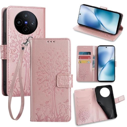 Vivo X200s Rose Gold Tree & Deer Embossed Leather Phone Case - 1