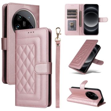 Xiaomi 14 Ultra Rose Gold Diamond Lattice Leather Flip Case - 1
