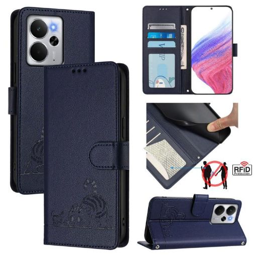 Realme 14 5G/P3 5G India Cat Rat Embossed RFID Leather Case Blue - 1