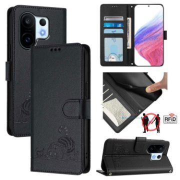 Vivo S30 Pro Mini Cat Rat Embossed RFID Leather Case with Lanyard Black - 1