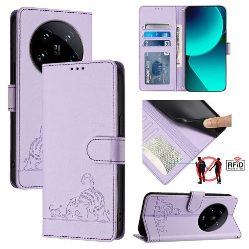 Xiaomi 14 Ultra 5G Purple RFID Leather Case with Cat Rat Pattern & Lanyard - 1