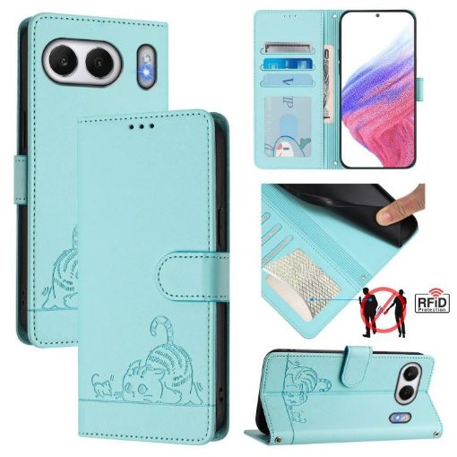 OnePlus Nord 4 5G Mint Green Cat Rat Embossed RFID Leather Case - 1