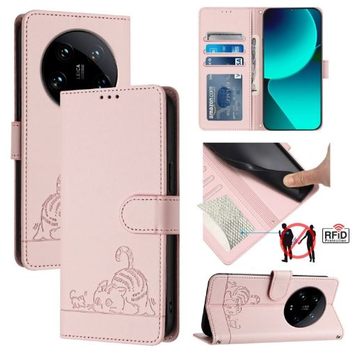 Xiaomi 14 Ultra 5G Pink Cat Rat Embossed RFID PU Case with Strap - 1