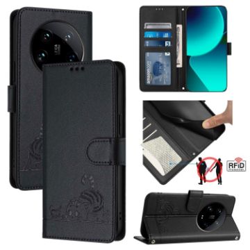 Xiaomi 14 Ultra 5G Black Cat Rat Embossed RFID PU Case with Strap - 1