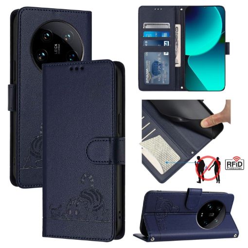 Xiaomi 14 Ultra 5G Blue Cat Rat Embossed RFID PU Case with Strap - 1