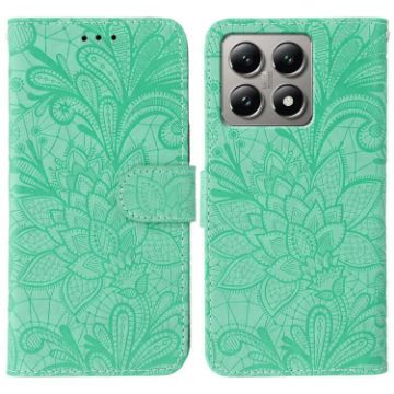 Xiaomi 14T Green Lace Flower Embossing Flip Leather Phone Case - 1