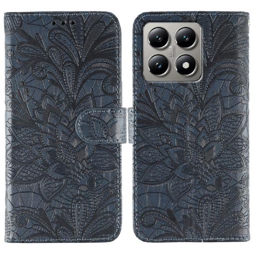 Xiaomi 14T Dark Blue Lace Flower Embossing Flip Leather Phone Case - 1