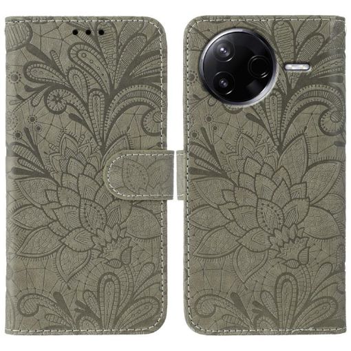 Xiaomi Poco F7 Pro/Redmi K80 Grey Lace Flower Flip Leather Case - 1