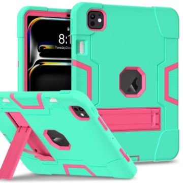 iPad Pro 13 2024 Silicone Acrylic Case with Holder - Mint Green/Rose Red - 1