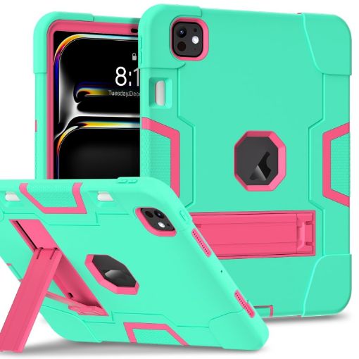 iPad Pro 13 2024 Silicone Acrylic Case with Holder - Mint Green/Rose Red - 1