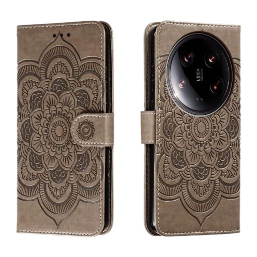 Xiaomi 14 Ultra Grey Leather Case - Sun Mandala Embossing Pattern - 1