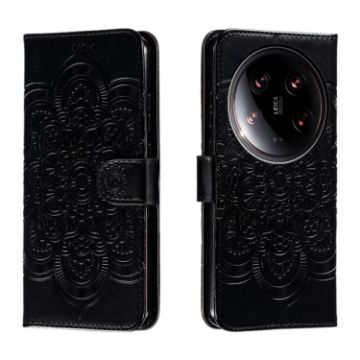 Xiaomi 14 Ultra Black Leather Case - Sun Mandala Embossing Pattern - 1