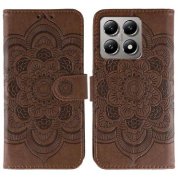 Xiaomi 14T Pro Brown Sun Mandala Embossed Leather Phone Case - 1