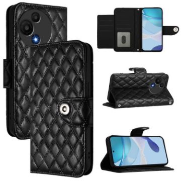 TCL 60 SE NxtPaper/605 Rhombic Flip Leather Case with Lanyard - Black - 1