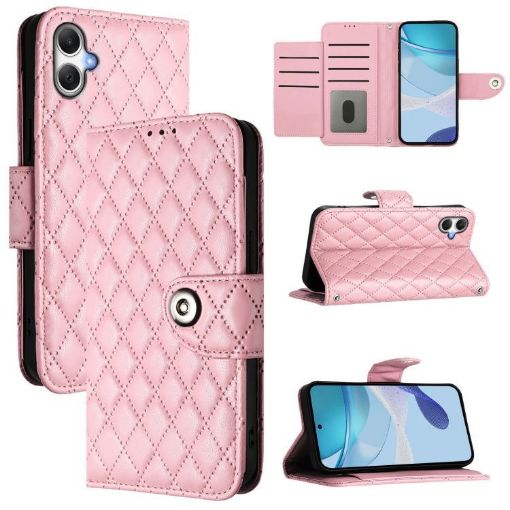 Samsung Galaxy A07 4G Pink Rhombic Texture Flip Leather Case with Lanyard - 1