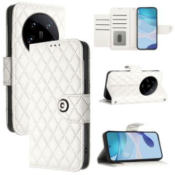 Xiaomi 14 Ultra White Rhombic Texture Flip Leather Case with Lanyard - 1