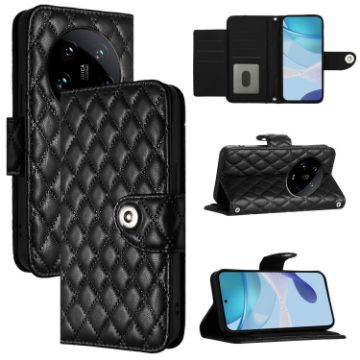 Xiaomi 14 Ultra Black Rhombic Texture Flip Leather Case with Lanyard - 1