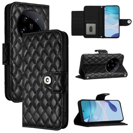 Xiaomi 14 Ultra Black Rhombic Texture Flip Leather Case with Lanyard - 1